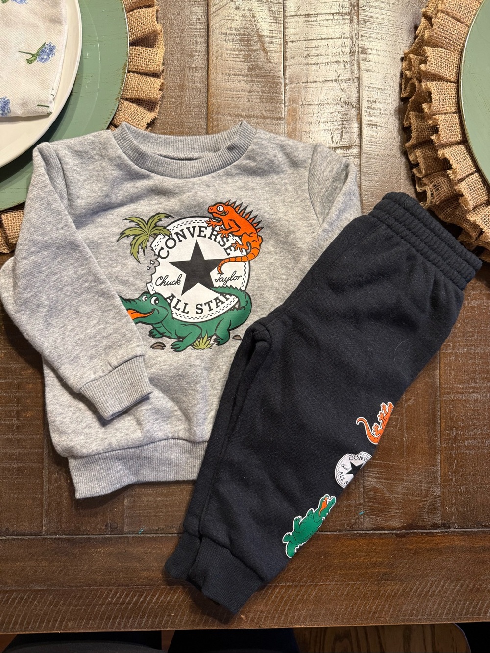 Converse Kids Gray Sweatshirt & Black Joggers with Dino Graphics